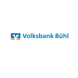 Links ist das Logo der Volksbank Bühl in den Farben blau, weiß und orange abgebildet. Es wird rechts durch die Schrift Volksbank Bühl ergänzt.
