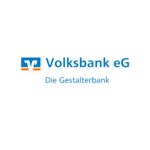 Das Logo der Volksbank eG wird links in den Farben blau, weiß und orange abgebildet. Ergänzt wird es durch die Schrift Volksbank eG die Gestalterbank in der Farbe blau rechts.