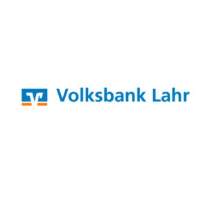 Das Logo der Volksbank Lahr in den Farben blau, weiß und orange wird links abgebildet Ergänzt wird es durch die Schrift Volksbank Lahr in der Farbe blau rechts.